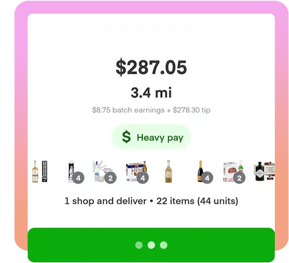 Tarjeta de lote aceptado automáticamente por Batch Grab mostrando $287.05 de pago, 3.4 millas, 22 artículos