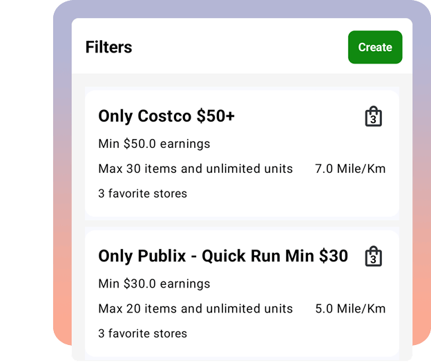 Pantalla de filtros de Batch Grab mostrando reglas personalizadas como 'Solo Costco $50+' y 'Solo Publix - Mínimo $30'