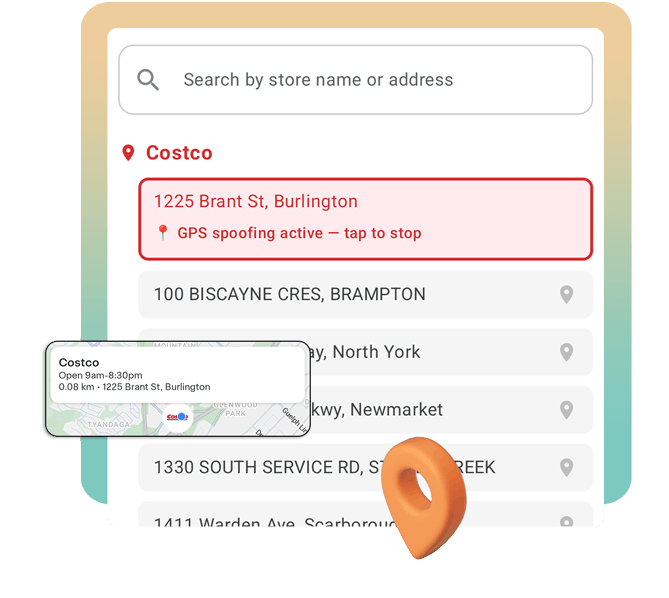 Pantalla de suplantación de GPS de Batch Grab con ubicación activa cerca de una tienda Costco