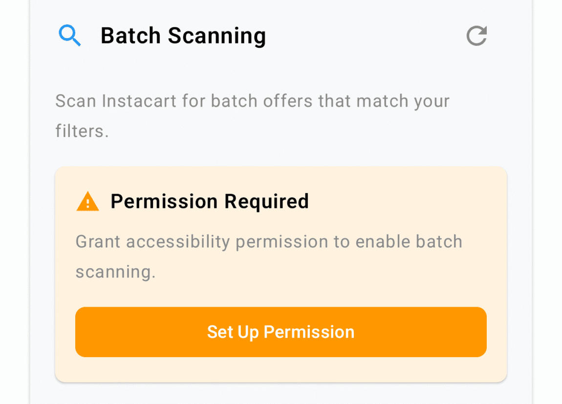 Batch Grab accessibility permission setup screen, step 1
