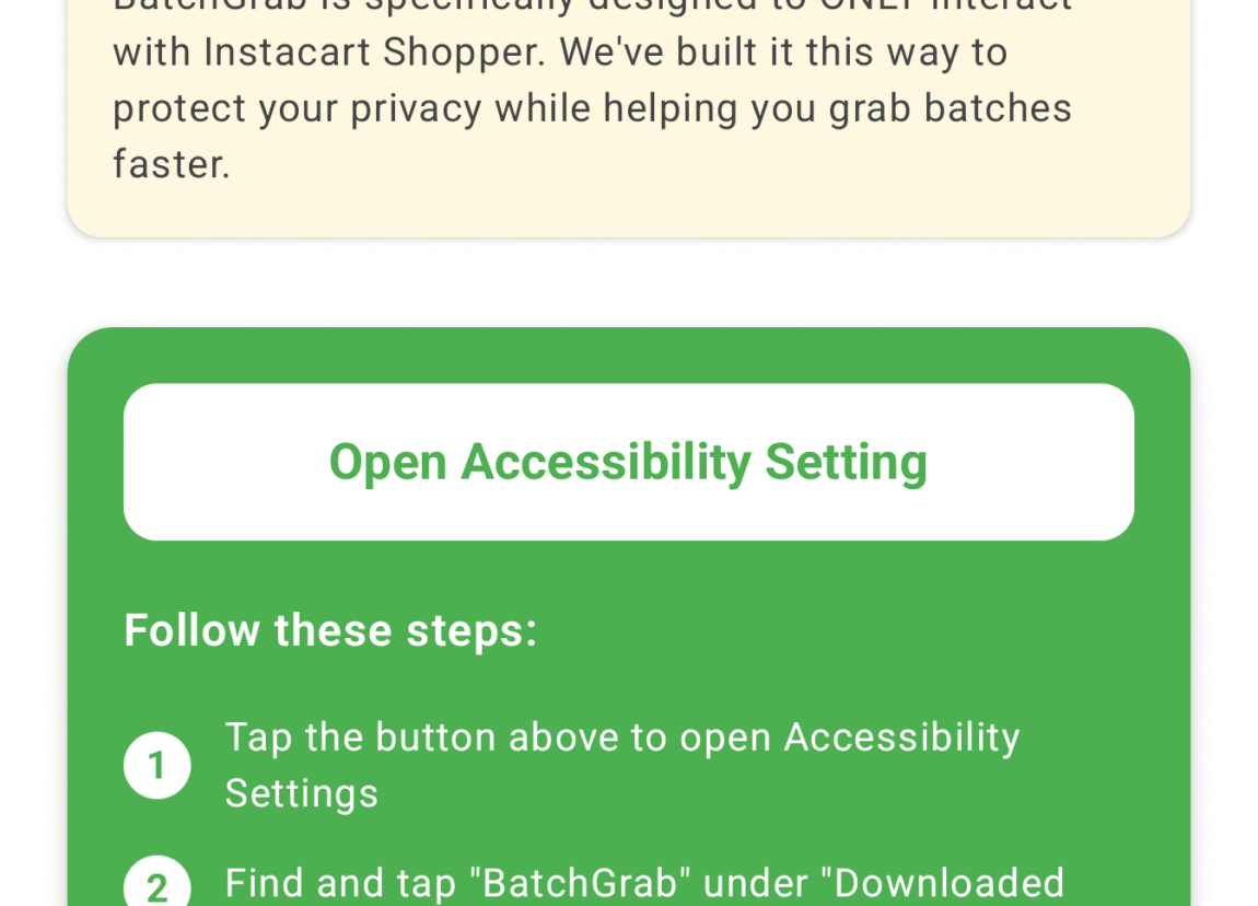 Batch Grab accessibility permission setup screen, step 2