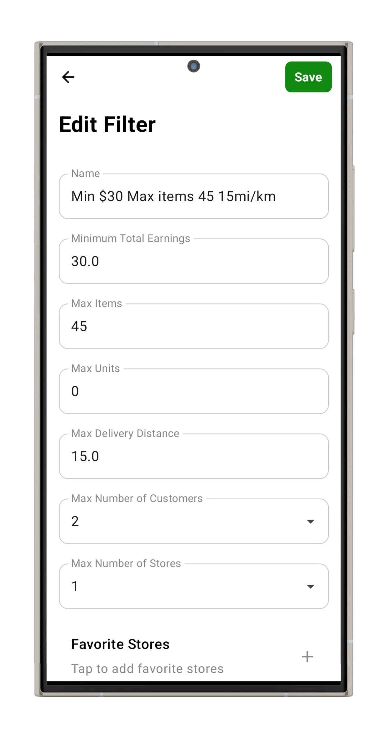 Batch Grab filter screen with pay, distance, and item limits configured