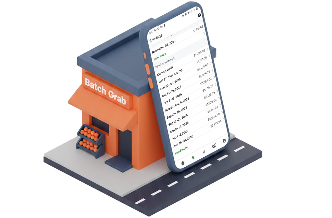 La app Batch Grab mostrando el historial semanal de ganancias de un comprador de Instacart