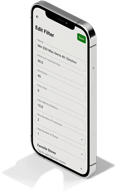 Pantalla de edición de filtros de Batch Grab para configurar pago mínimo, máximo de artículos y distancia