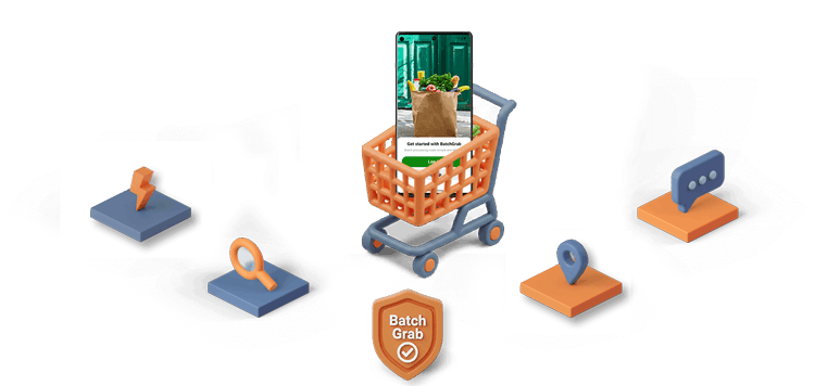 Pantalla de bienvenida de Batch Grab en un teléfono dentro de un carrito de compras
